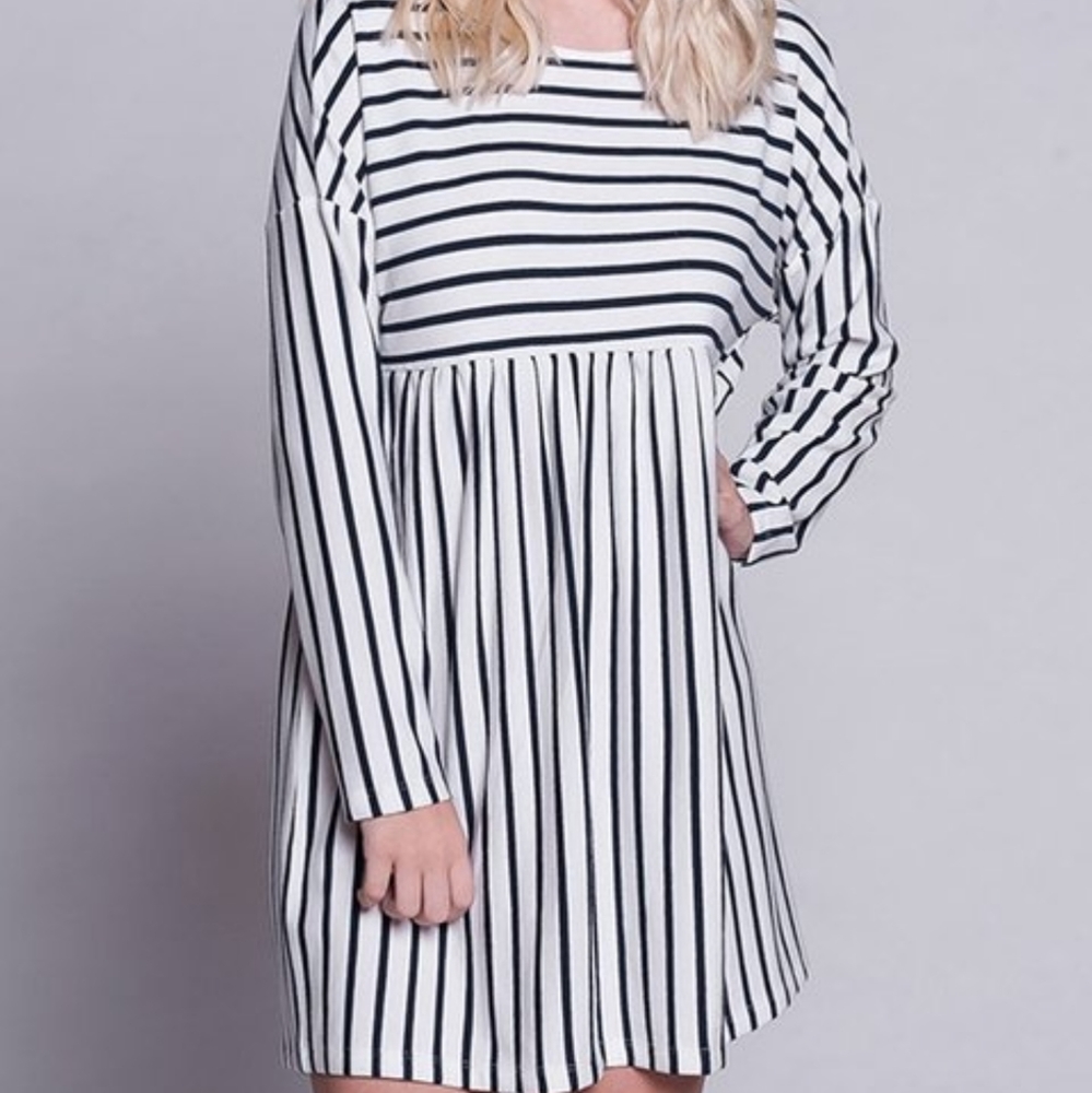 White & Navy Stripe Empire-Waist Dress